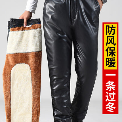 Winter Men's Leather Pants with Velvet and Thickeneding for Cycling and Takeaway Driving Windproof Elastic Motorcycle Loose Warm Leather Cotton Pants