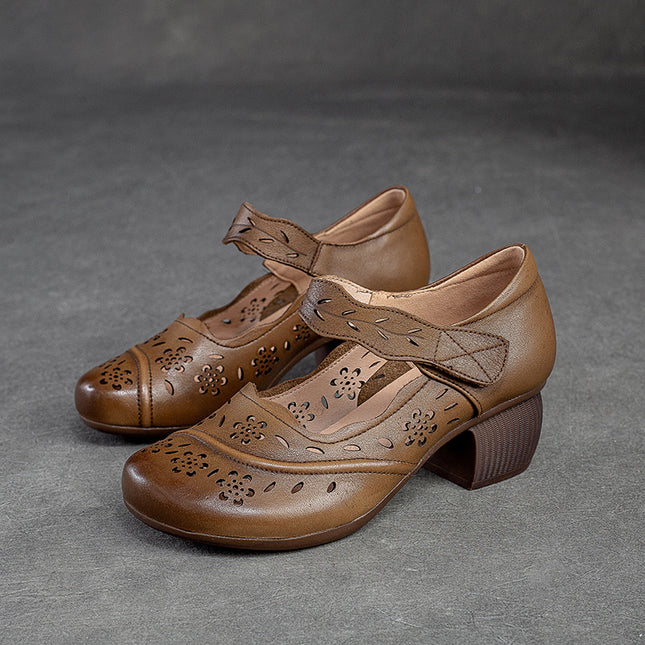 Shanghai Jie suddenly new first layer cowhide round toe brushed Velcro small low heel hole shoes retro style casual women's shoes