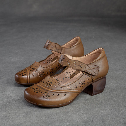 Shanghai Jie suddenly new first layer cowhide round toe brushed Velcro small low heel hole shoes retro style casual women's shoes
