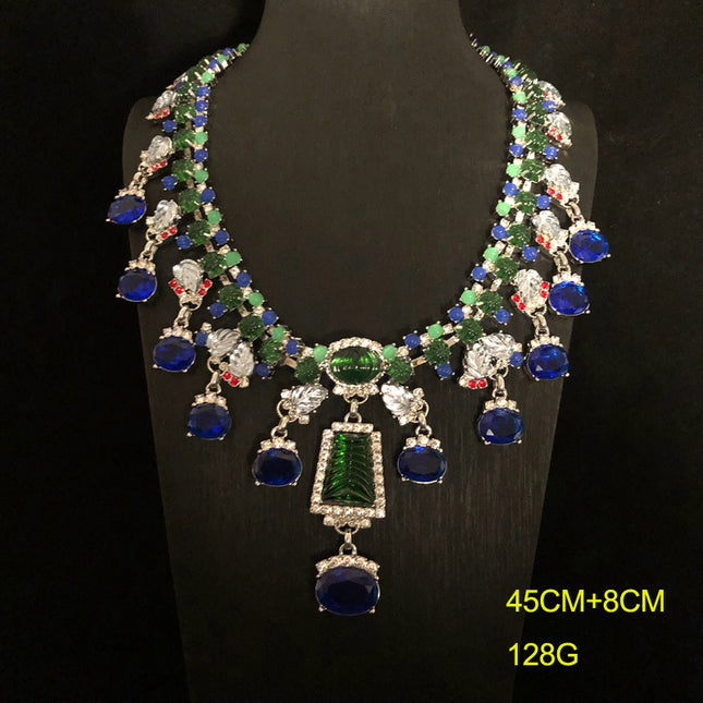 Western mid-ancient heavy industry blue rhinestone gem chain necklace earrings suit high-end exaggerated high-grade clavicle chain