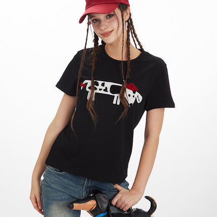 HeyHenry 2025 European and American towel letter embroidery cotton casual T-shirt women's short sleeve versatile round neck top