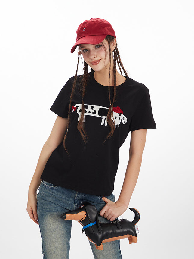 HeyHenry 2025 European and American towel letter embroidery cotton casual T-shirt women's short sleeve versatile round neck top