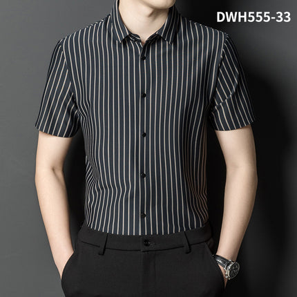 Summer New Vertical Striped Shirt for Men, Short-Sleeved Business Casual High-Elastic Seamless Shirt, Slim Fit Light Business
