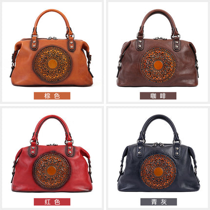 Embossed Totem Tote Bag in Vegetable-Tanned Leather for Women, Commuter Handbag, Large Capacity Shoulder Crossbody Dumpling Bag