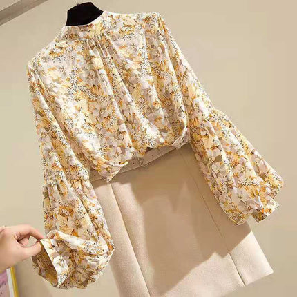 Spring New Fashion Floral Silk Shirt Women's Design Sense Niche Chiffon Lantern Sleeve Shirt Lace Shirt, Snow