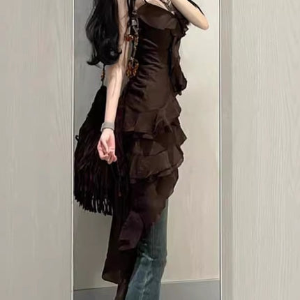 French Irregular Tea Break Sexy Side Suspender Dress for Women Summer Small Lotus Leaf Design Seaside Vacation Long Dress