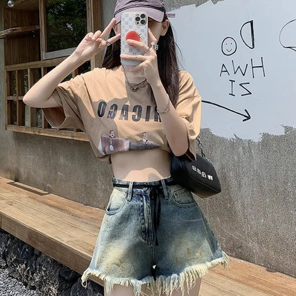 American Retro Raw Edge Denim Shorts 2025 Summer Hot Girl New Design High Waist Slimming Wide Hot Pants