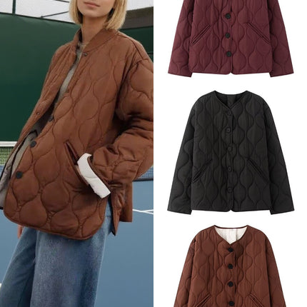 European and American Style Cross-Border Export Women's 2025 Fashionable Autumn and Winter Simple and Versatile Round Neck Long-Sleeved Cotton Jacket Quilted Cotton Jacket