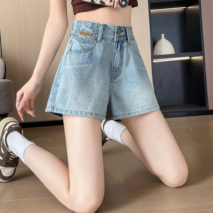 High-Waisted Wide-Leg Denim Shorts for Women, Trendy Versatile Outerwear, Tummy Control, Slimming A-Line Embroidered Hot Pants