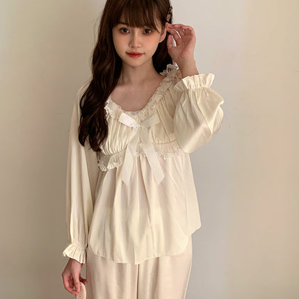 First Love Pajamas Women's Autumn and Winter Ice Silk Long Sleeve Suit Early Autumn French Retro Pure Desire with Hair Tie Home Clothes