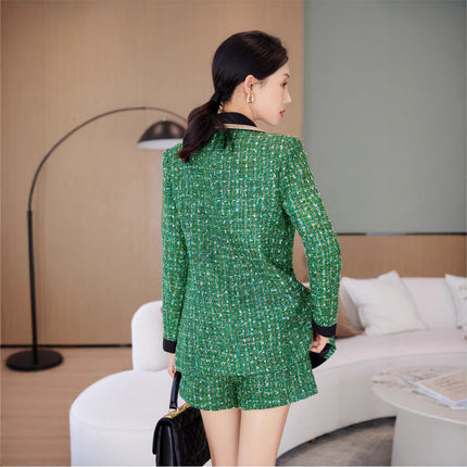 Green Patchwork Tweed Fragrance Waistline Winter Women's Dress Collar Plaid Sequin Single-breasted Jacket with Shorts
