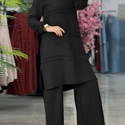 2024 Women's Two-Piece Sportswear Set: Elegant Solid Color Long-Sleeve Shirt and Wide-Leg Pants Set