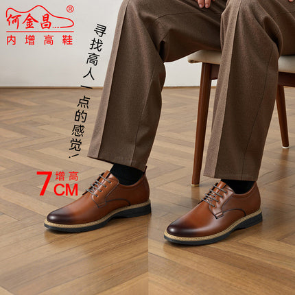 He Jinchang Men's Business Formal Shoes Invisible Height Increasing Men's Shoes 7cm New Genuine Leather Vintage Brown Leather Shoes