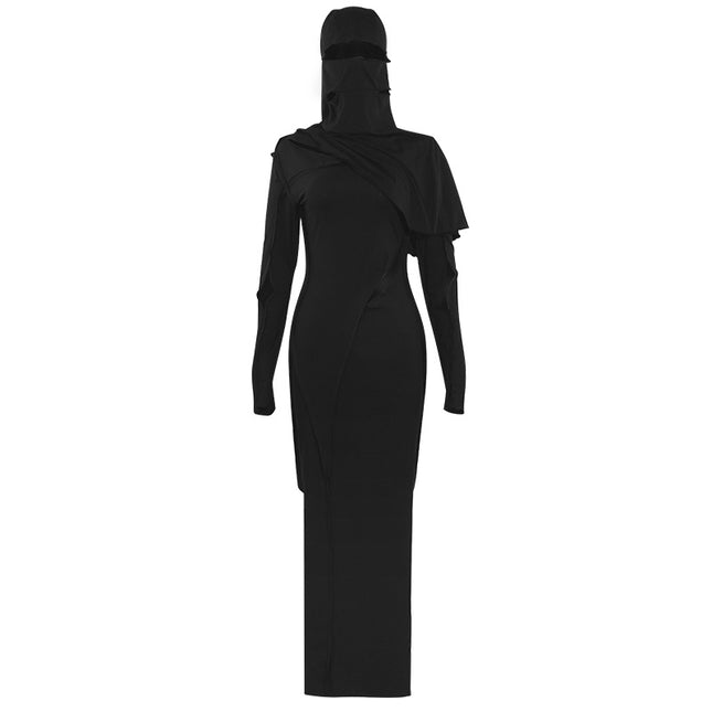 L136DS European and American Spice Girls 2024 Autumn New Solid Color Hooded High Collar Scrap Wind Hollow Women's Long Sleeve dress