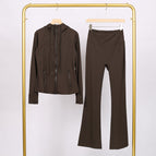 Army green hooded jacket and bell-bottom pants suit / 2/S