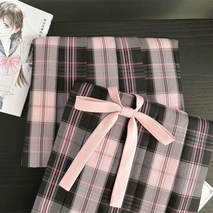 Original JK uniform [pink fog sea] autumn and winter black pink plaid skirt sweet cool hot girl student Japanese college style skirt