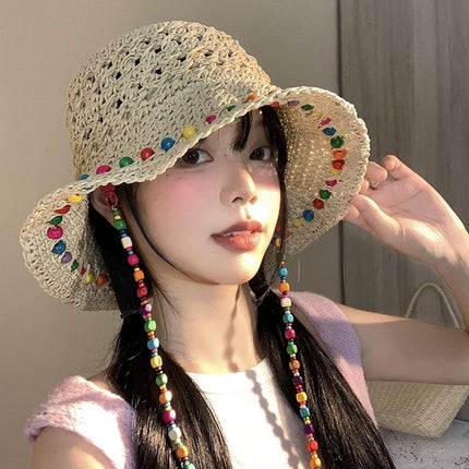 Hyun Ya Style Color Wooden Beads Straw Hat Women's Summer Hollow-out Big Brim Sunshade Sunscreen Hat Foldable Fisherman's Hat Trendy
