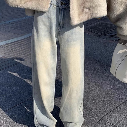 Light color high waist straight tube wide leg jeans women 2024 autumn and winter new fleece-lined thickened loose plus size straight tube mop floor