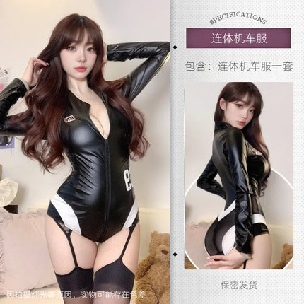 Flower Love Sea Sexy Underwear Sexy Leather Bearer Suit 69 Zipper Open File Free Patent Leather Racing Suit A753