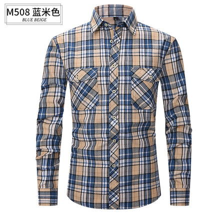 Spring and Summer Slim Amazon Fashion Brushed Plaid High-End Long-Sleeved Double Pocket Flannel Men's Shirt