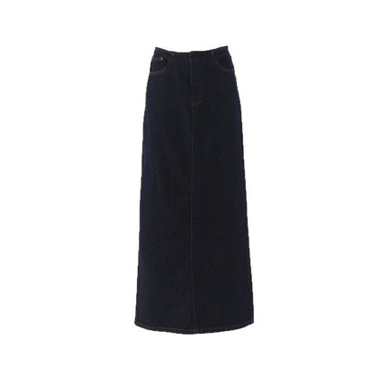 Raccoon House # Summer High-Waisted Denim Long Skirt for Women Denim Original Color Slit Dark Blue Tall A-Line Skirt Wholesale