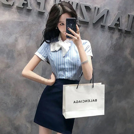 Front Desk Reception Work Wear High-End Business Attire Suit Women's Shirt Flight Attendant Stripesd Bow Business Attire Workwear