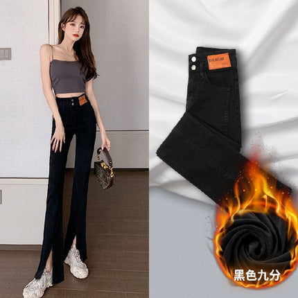 Fleece-Lined Thick Black Flared Jeans with Slits for Women, High-Waisted, Slimming, Autumn and Winter 2025 New Style, Extended Length Pants