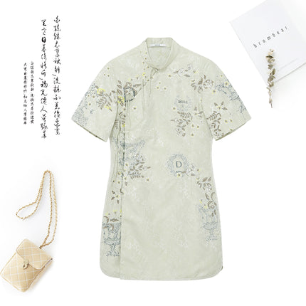 New Product, New Chinese Style, Improved Cheongsam for Women, High-End, Sweet and Cute Jacquard Improved Slit Short Dress