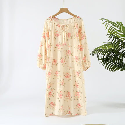 Nightdress women's cotton yarn crepe round neck pullover Spring and Autumn long sleeve pajamas loose outer wear thin home dress