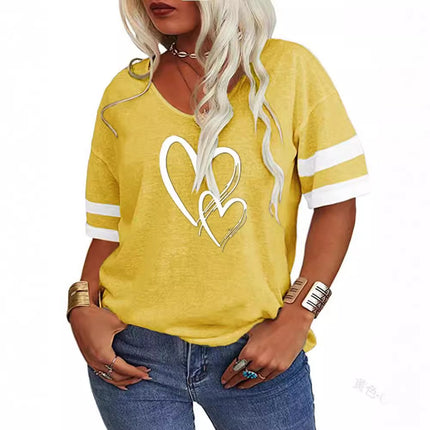 Europe and the United States cross-border 2025 spring and summer TEMU foreign trade women's V-neck loose cross love printing color matching short sleeve T-shirt women