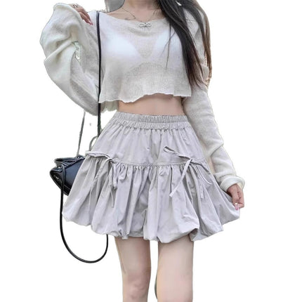 Pleated Bow Flower Bud Skirt Women's Summer Gray Niche Waist Slimming Lantern Anti-Exposure Skirt