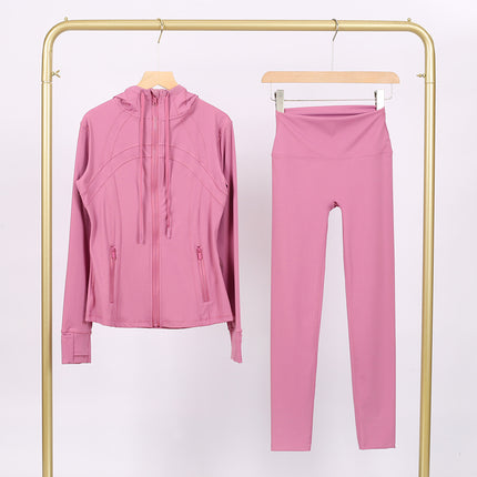 Lulu Df Stamped Hooded Jacket and Cropped Pants Set, Tight-Fitting Stretch Jacket with Gold Zipper, Fitness Yoga Outfit