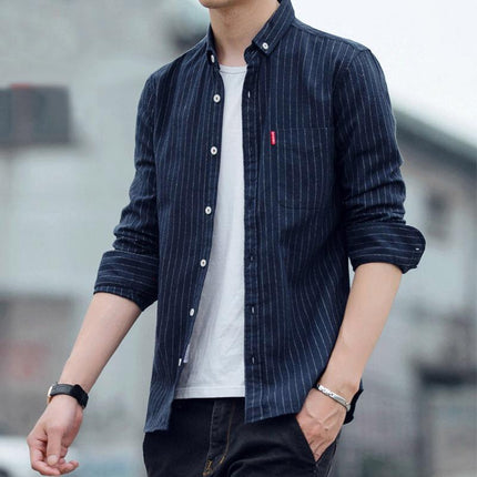 Shirt Men's Long-sleeved fleece-lined Thickened Korean Style Slim-fit Striped Scrub Men's Shirt Autumn Casual Trendy Coat