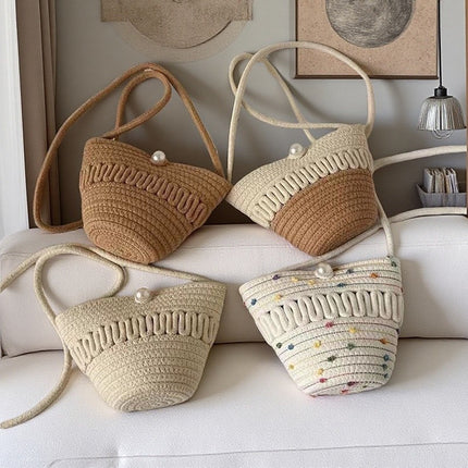 Crossbody Cotton Rope Straw Bag Coin Key Mobile Phone Bag Hollow Cotton Thread Crossbody Bag Casual Cute Woven Bag