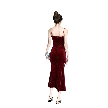 2160 autumn and winter socialite temperament gold velvet condole belt dress gypsophila rhinestone dress fishtail skirt slim dress