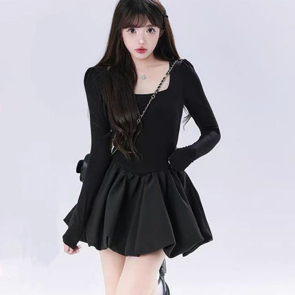 French Retro Hepburn Style Black Square Neck Dress for Women Autumn and Winter Birthday Dress Princess Style Puffy Short Skirt