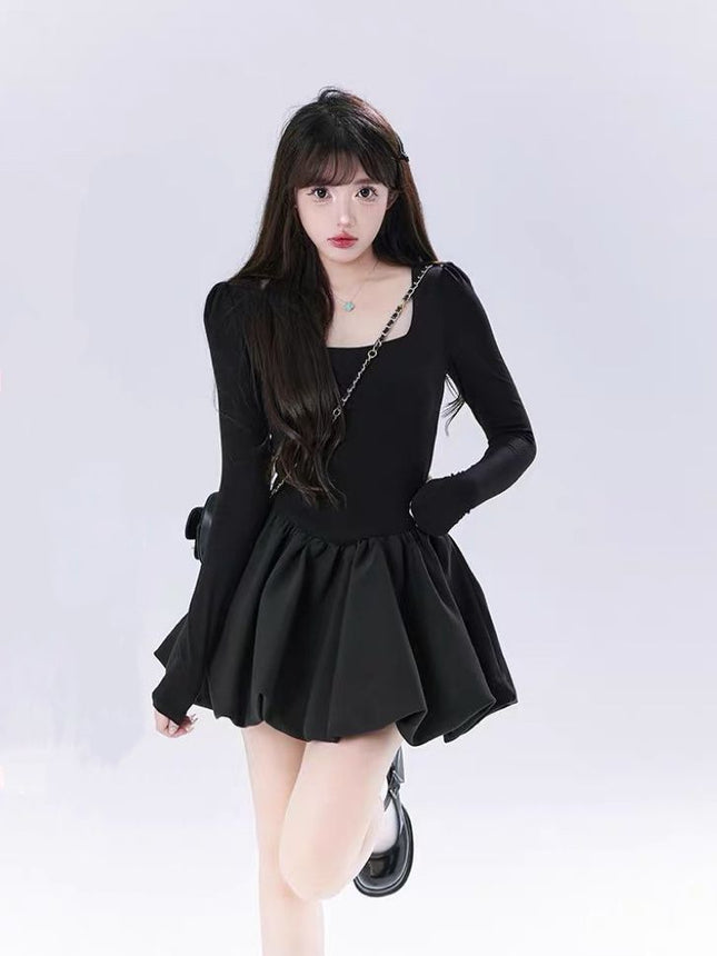 French Retro Hepburn Style Black Square Neck Dress for Women Autumn and Winter Birthday Dress Princess Style Puffy Short Skirt