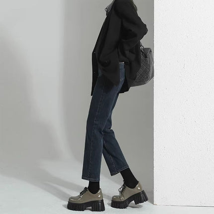 fleece-lined Thickened Blue Ash Smoke Tube Jeans Women's Trendy All-match Narrow Baguette Pants High Waist Slimming Cropped Straight Pants