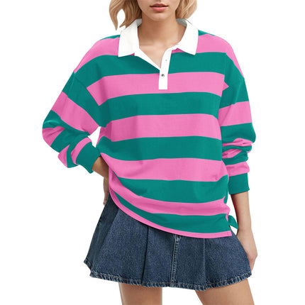 2025 European and American Cross-Border Long-Sleeved Stripesd T-Shirt Autum New Casual Versatile Loose Lapel Top