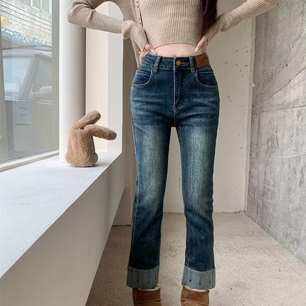 plus size Vintage Stretch Jeans Women's Autumn New chubby girl Small Slim Look High Waist Cropped Straight Pipe Pants