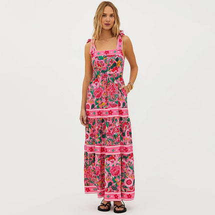 2024 European and American Swimwear Bow Tie Resort Style Floral One-Piece Swimsuit Suit Women's Cross-Border Hot Style 25231