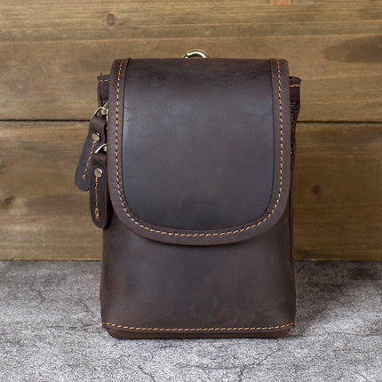 Cross-border Crazy Horse Leather Mobile Phone Bag 6-inch Genuine Leather Men's Waist Bag Top Layer Cowhide Vintage Construction Site Wearing Belt Trouser Waist Hanging Bag