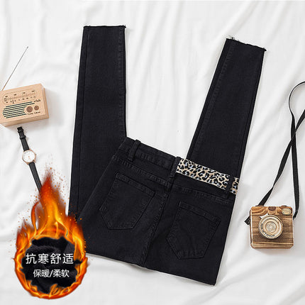 Leopard-print Thickened High-waist Jeans Women's Fleece-lined Autumn and Winter Warm Stretch Pencil Pants Slim-fit Fur-edged Cropped Pencil Pants