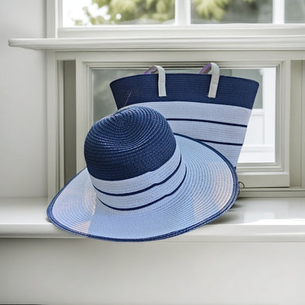 Cross-Border Straw Hat Straw Bag Two-Piece Set Sun Hat Large Capacity Striped Tote Bag Shoulder Bag Beach Bag Factory Store