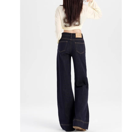 Tannin Blue Straight Micro Jeans Women's Trendy All-match New High Waist Stretch Slim-fit Wide-leg Long Pants