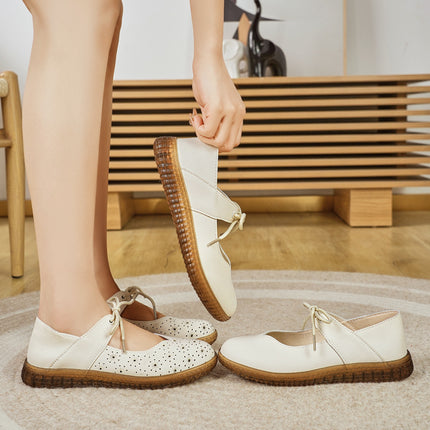 Croc Shoes, Middle-Aged Mother's Shoes, Soft-Soled Women's Velcro Women's Shoes, Shallow Tendon Soles, Hollow Flat Sandals, Leather Shoes