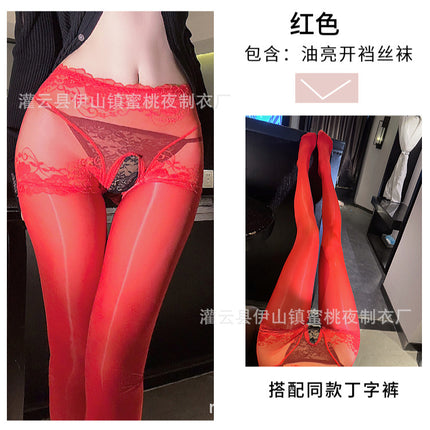 Fun Oil Shiny Silk Stockings Sexy Mesh Transparent Horse Oil Jumper Socks High Waist Hip Lifting Open Gear Free Socks for Hair