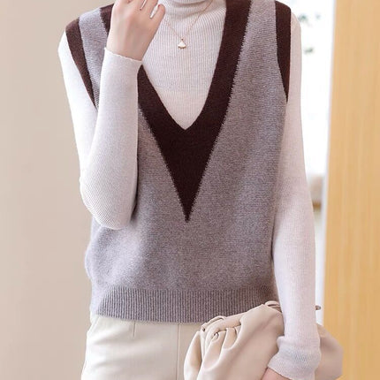 Woolen sweater knitted vest for women 2023 Autumn New sleeveless stacked color matching V-neck wool warm vest waistcoat