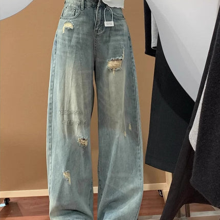 American Style Ripped Jeans for Women, Summer New Large Size, High-Waisted, Pear-Shaped Figure, Slimming, Loose Wide-Leg Pants