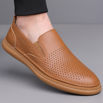 Men's Genuine Leather Shoes 2026 Summer New Style Breathable Hollow Slip-On Loafers Trendy Men's Soft Shoes